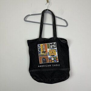 American Eagle Black Denim Somerville Graphic Tote Bag Novelty